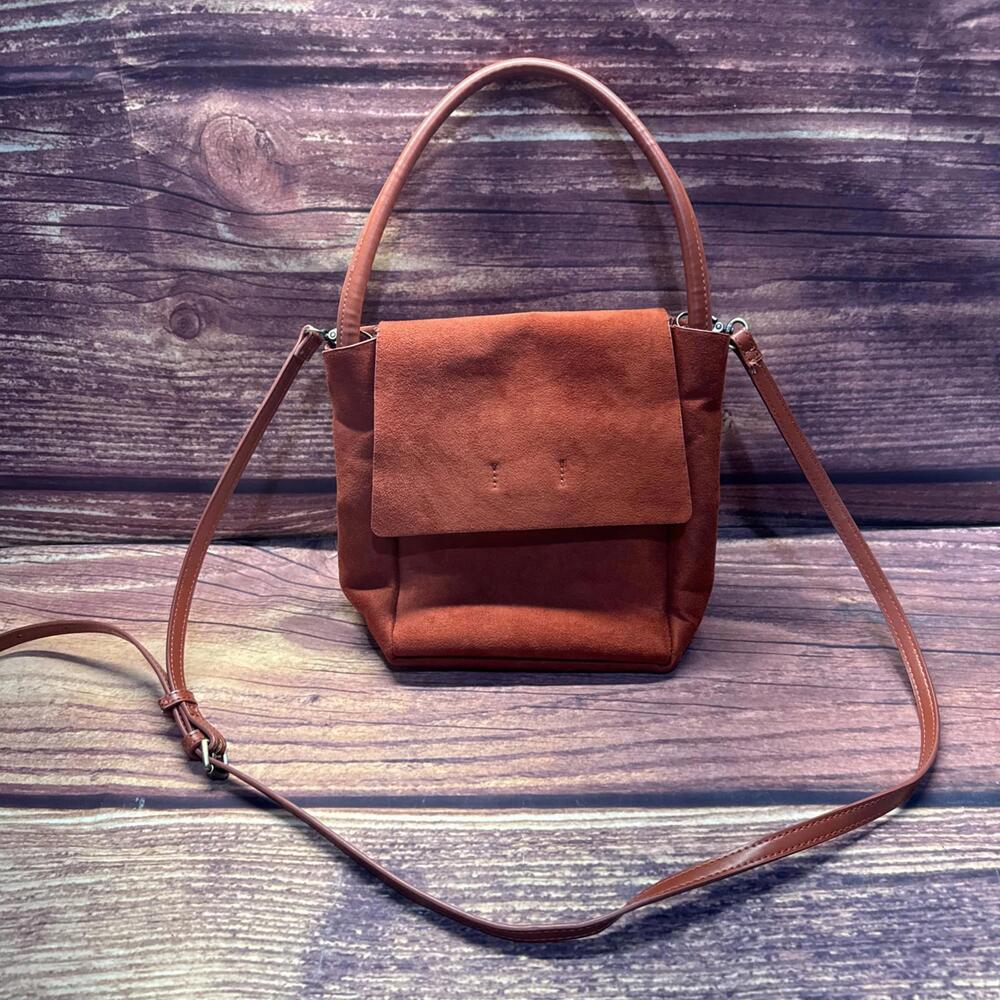 Anthropologie Vesper Faux Suede Crossbody Top Handle Bag Red/Orange Fall